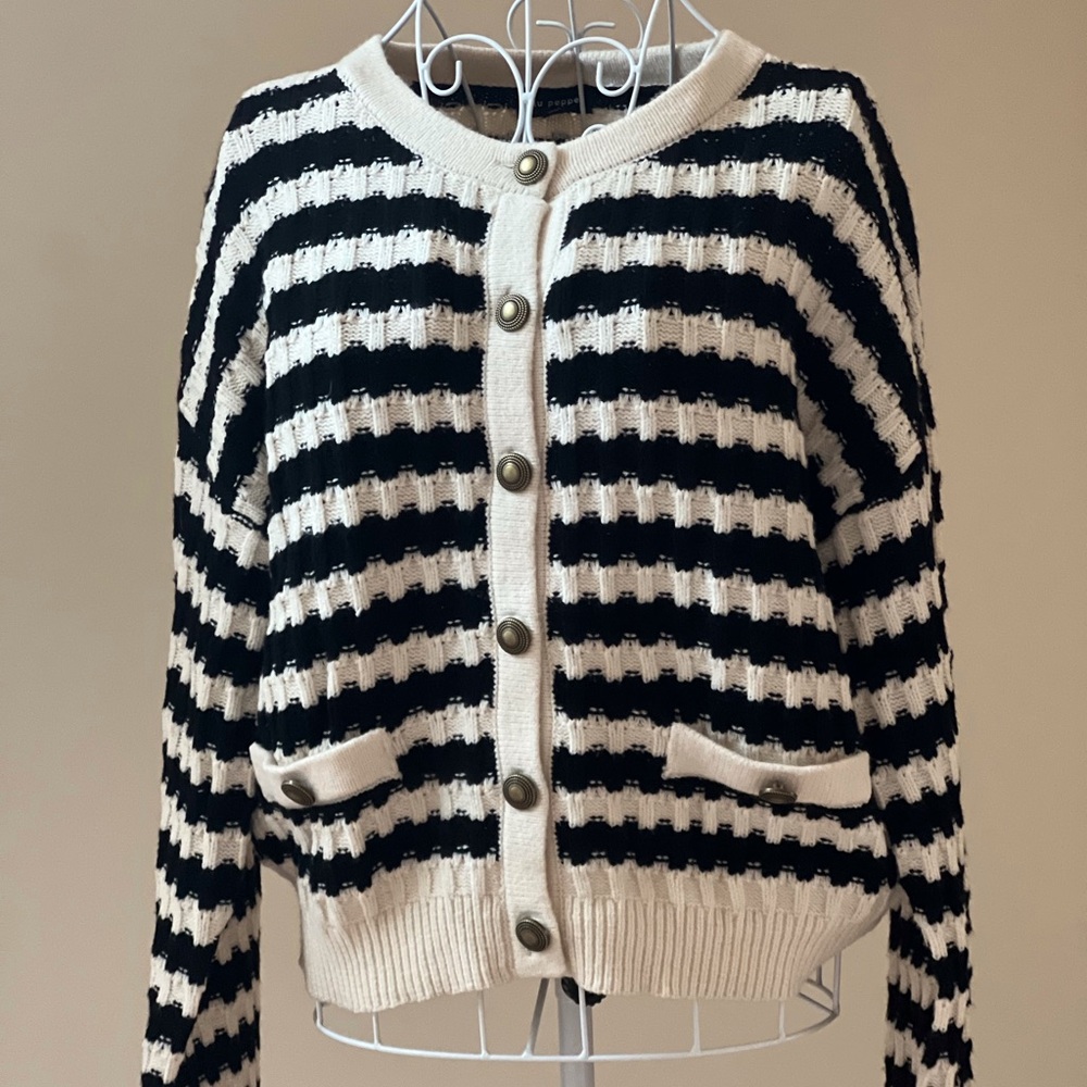Blu Pepper Black and Cream Striped Cardigan